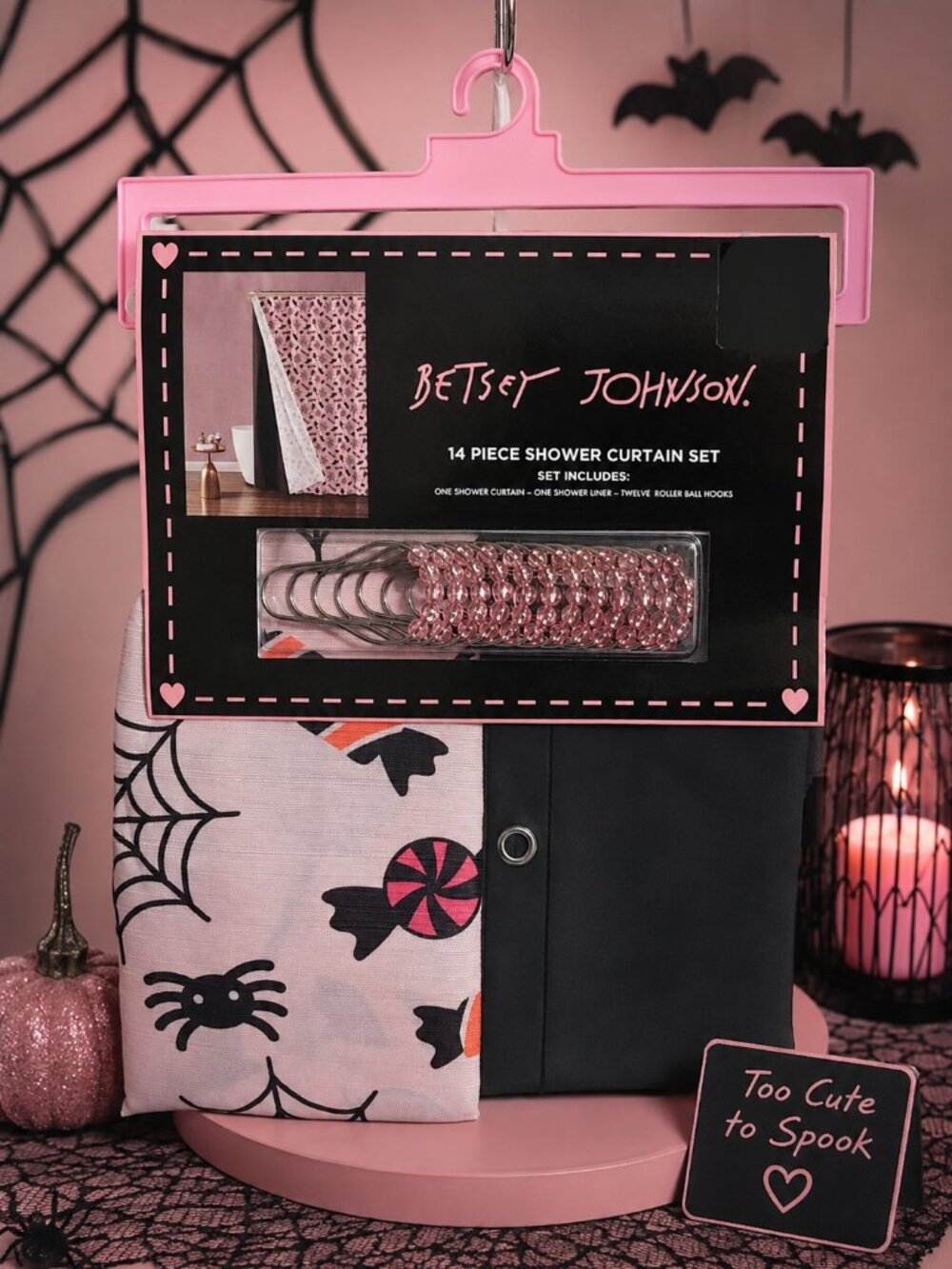 NWT Betsey Johnson 14-Pc Halloween Shower Curtain Set Spooky Cute Pink Black